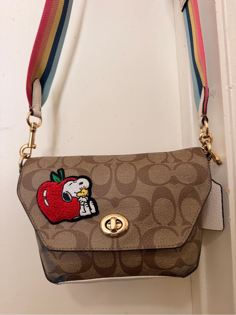 Coach Tan Signature Crossbody with Snoopy Apple Patch and Rainbow Strap
